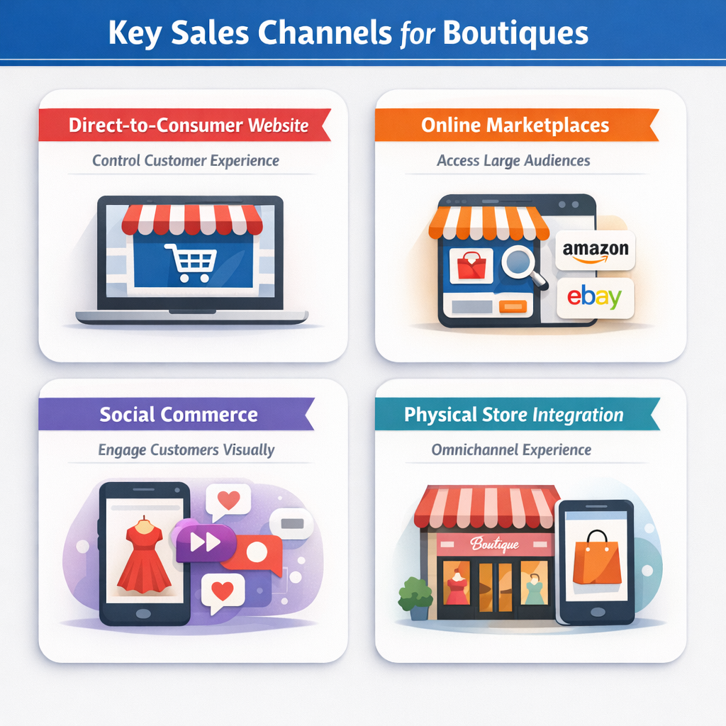 Key sales channels for boutiques include direct-to-consumer websites, online marketplaces, social commerce, and physical store integration.
