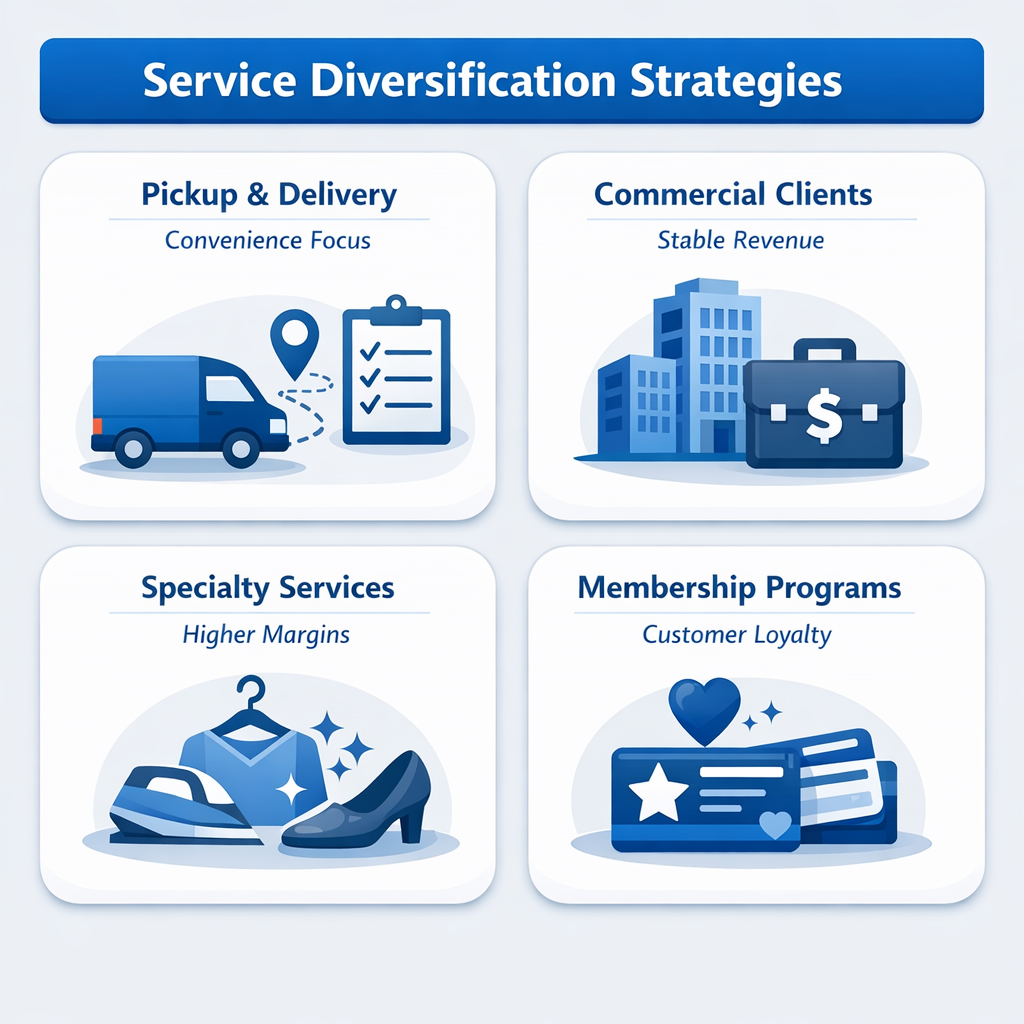 Strategies for diversifying laundry services include pickup and delivery, targeting commercial clients, offering specialty services, and creating membership programs.