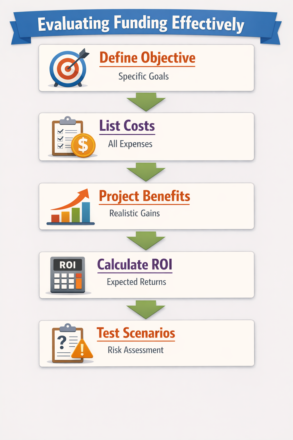 Steps for funding evaluation including defining objectives, listing costs, projecting benefits, calculating ROI, and testing scenarios.