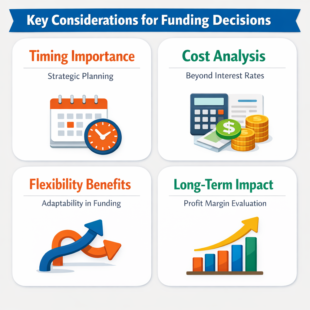 Key considerations for funding decisions include timing importance, cost analysis, flexibility benefits, and long-term impact on profit margins.
