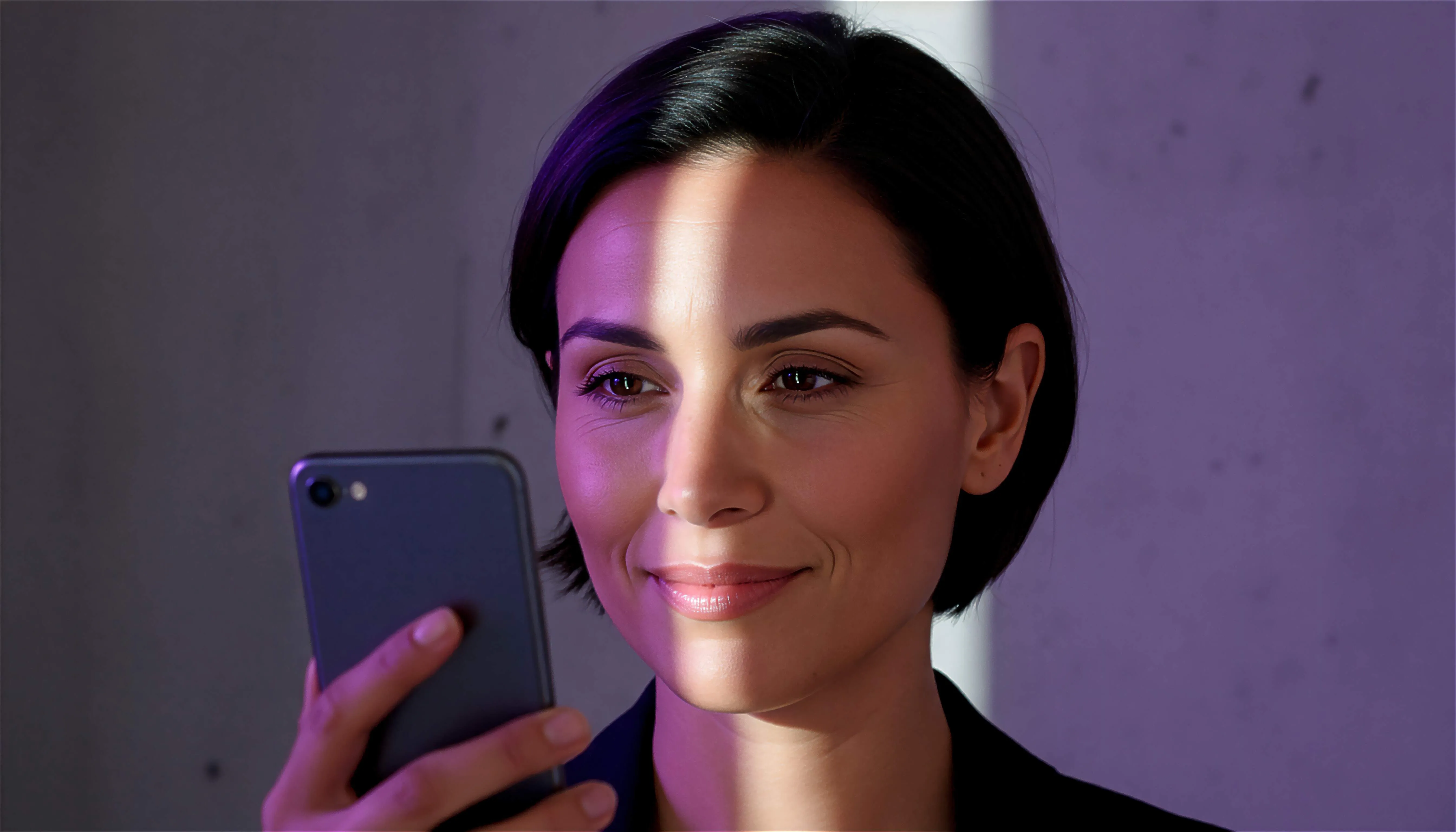 Mujer sonriente frente a móvil 