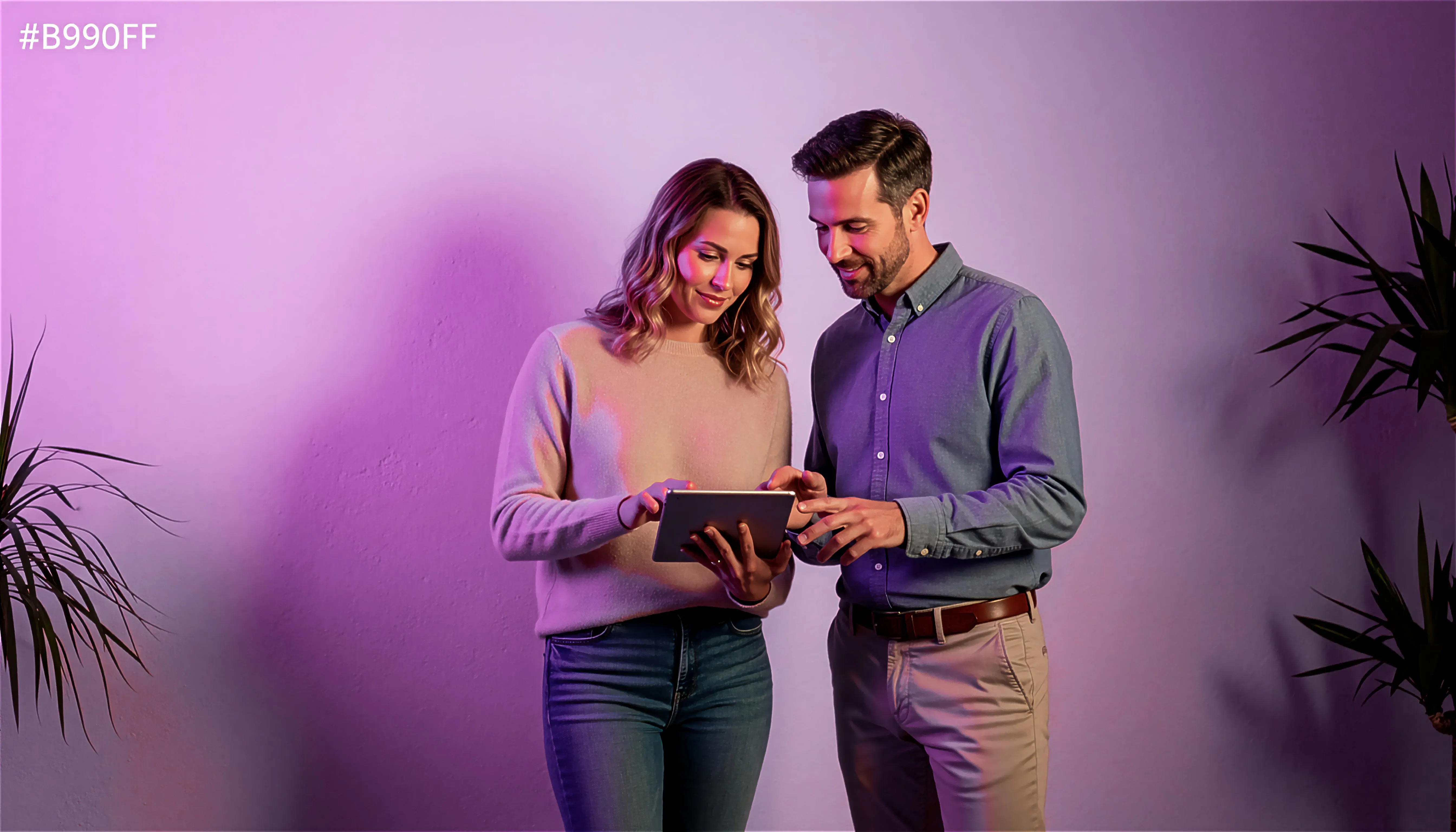 Hombre y mujer parados frente a tablet mirandola