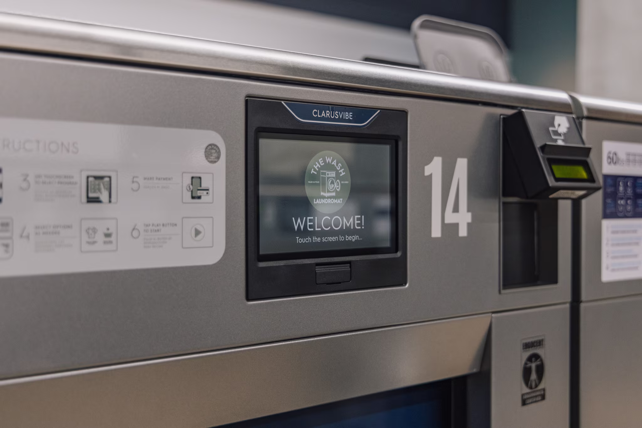 The Wash laundromat in Richardson TX uses top-of-the-line high-spin Electrolux ClarusVibe washers with a branded touch screen and customized features