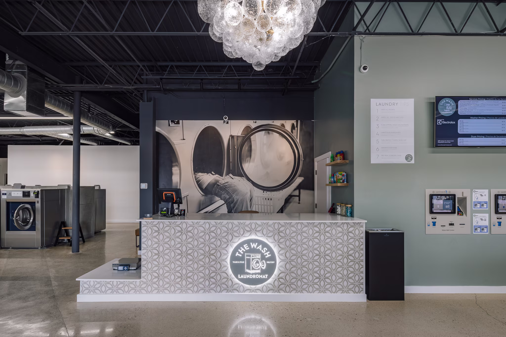 The custom fixtures and decor at The Wash laundromat in Richardson TX puts this laundromat in a league of its own