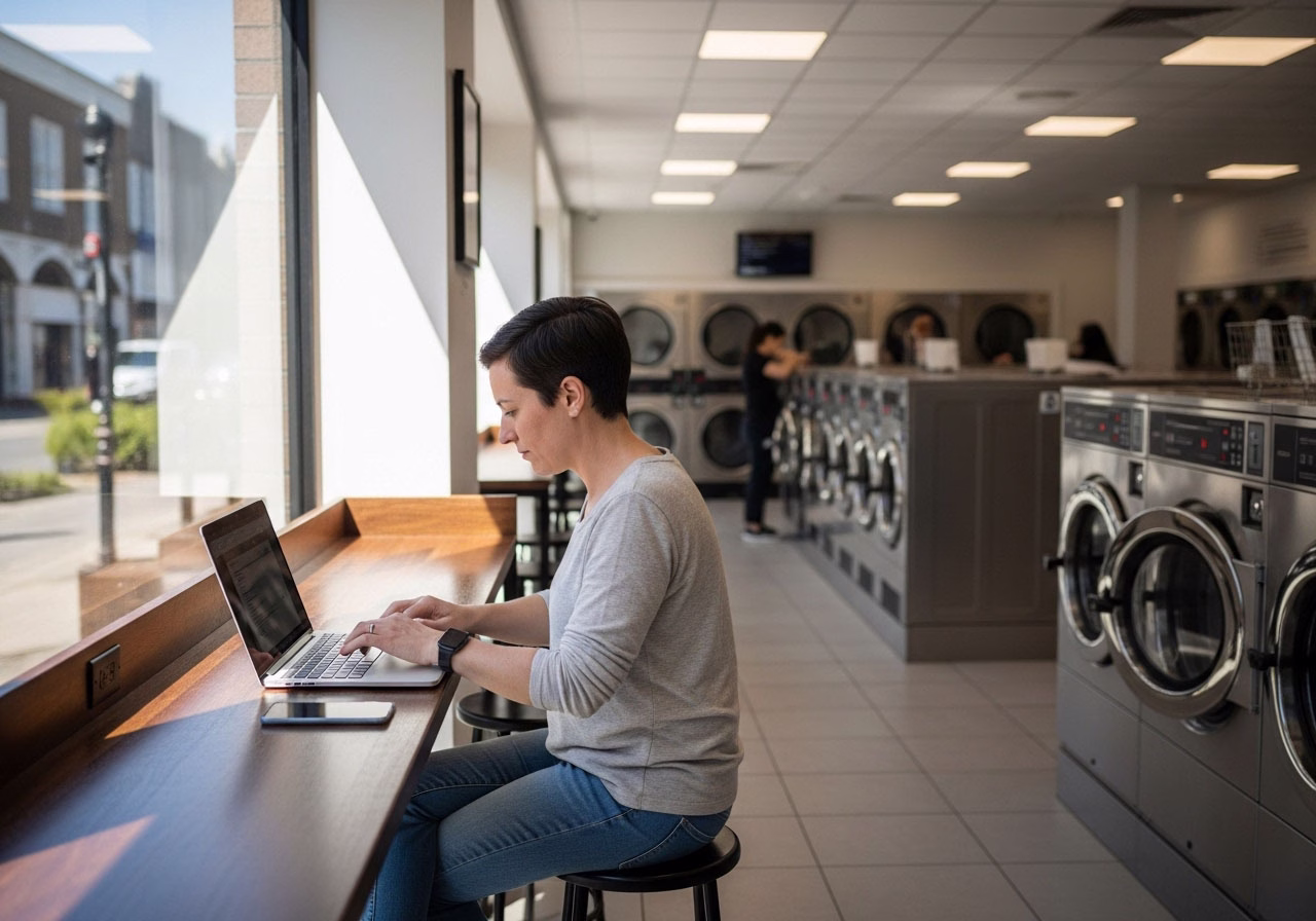 A customer working on their laptop in a modern laundromat while waiting for their laundry