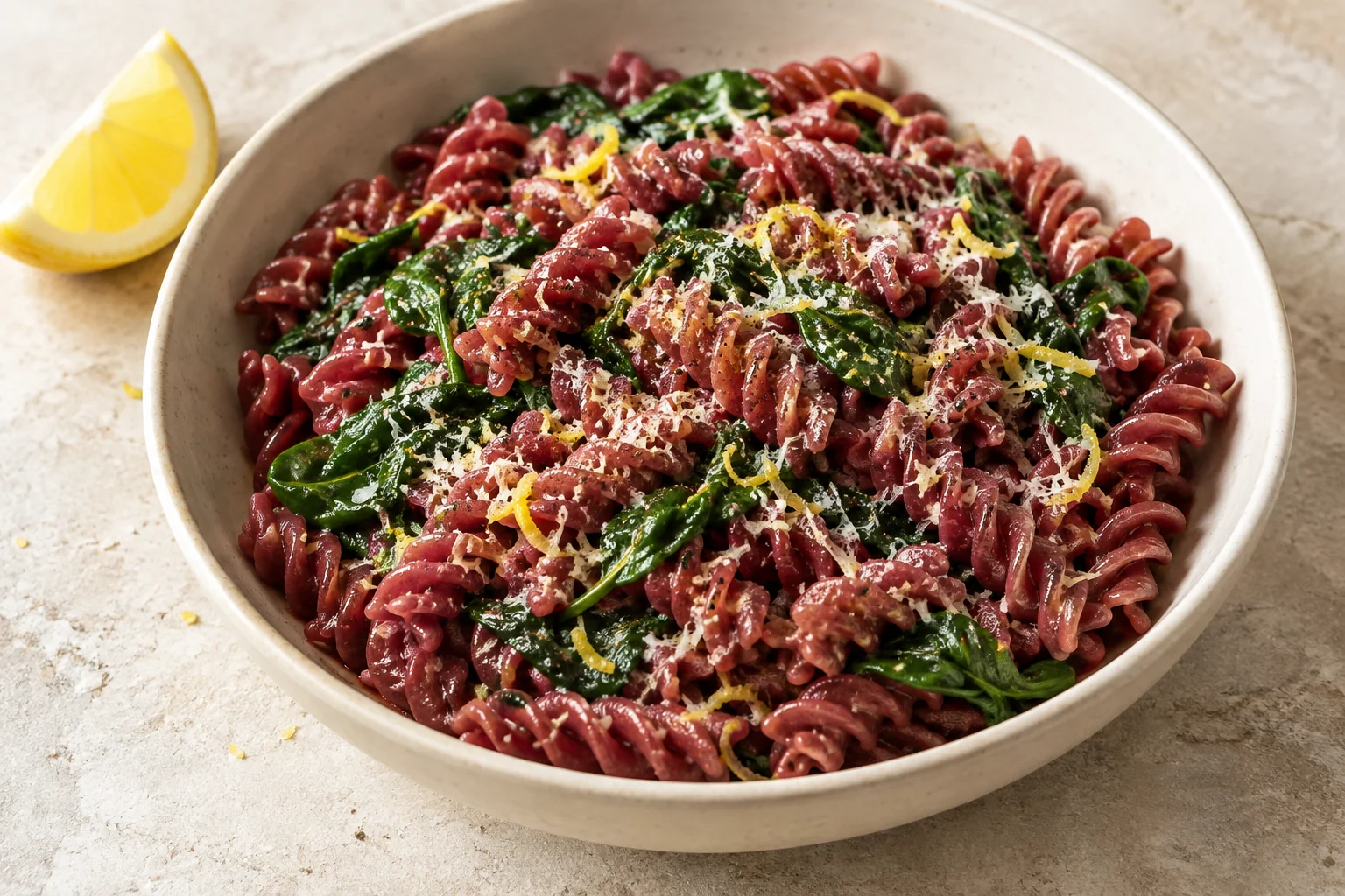 Bowl of Beetboxx fusilli tossed with wilted spinach, lemon zest and grated Parmesan