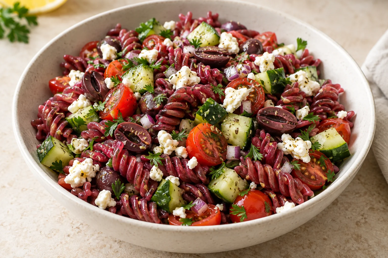 Bowl of Beetboxx pasta salad with cherry tomatoes, cucumber, Kalamata olives, red onion, feta and parsley