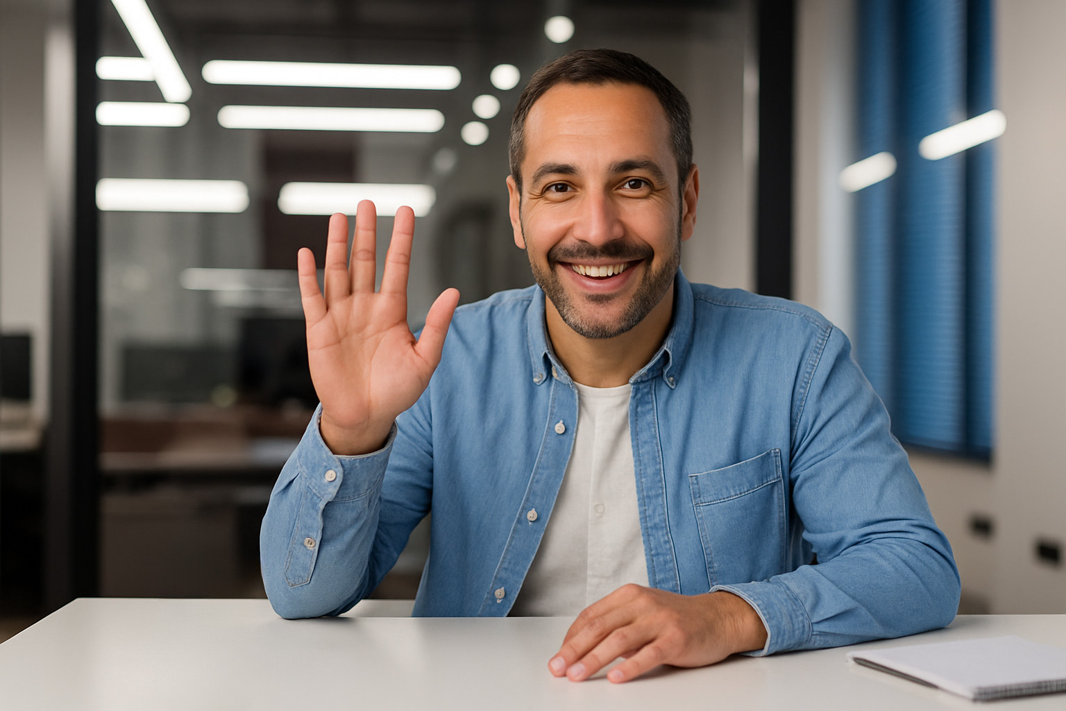 Smiling man in a denim shirt sits at a desk and waves at the camera, suggesting a friendly virtual meeting or introduction.