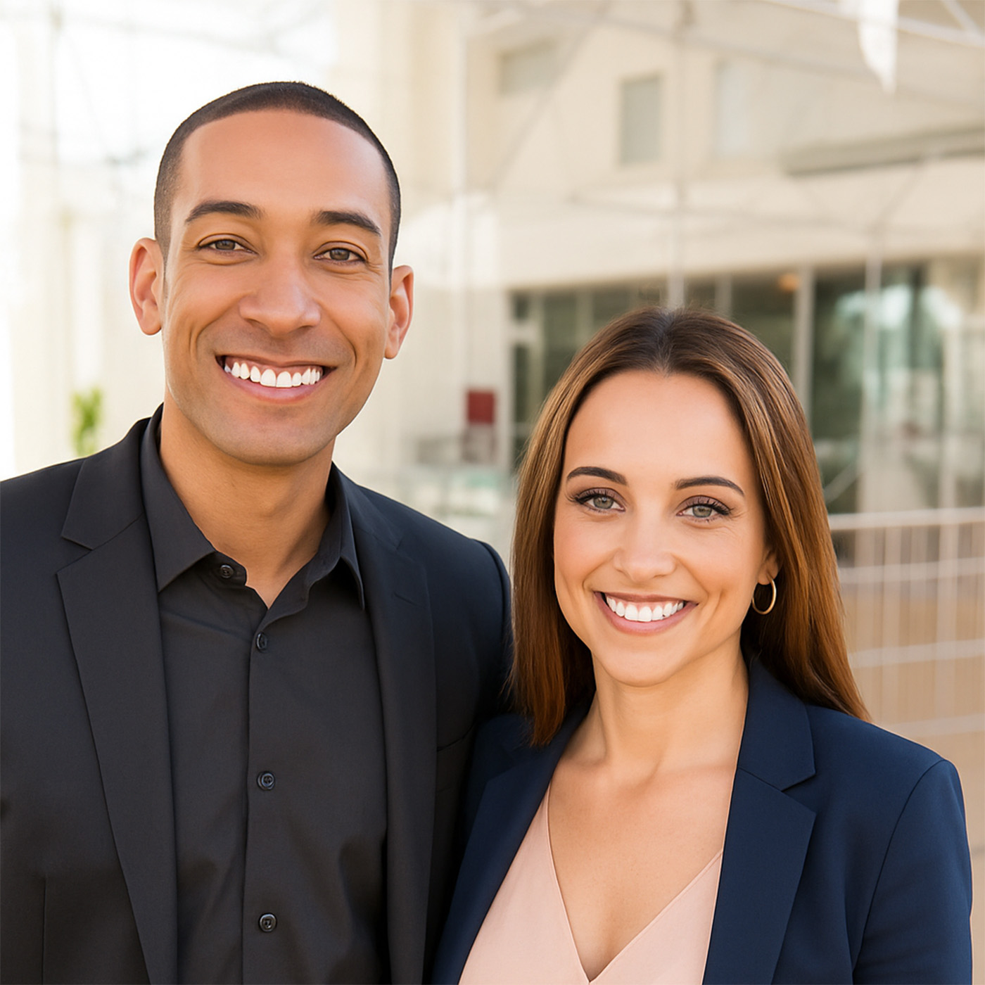 Two professionally dressed individuals standing side by side and smiling outdoors, suggesting a confident and approachable business team.