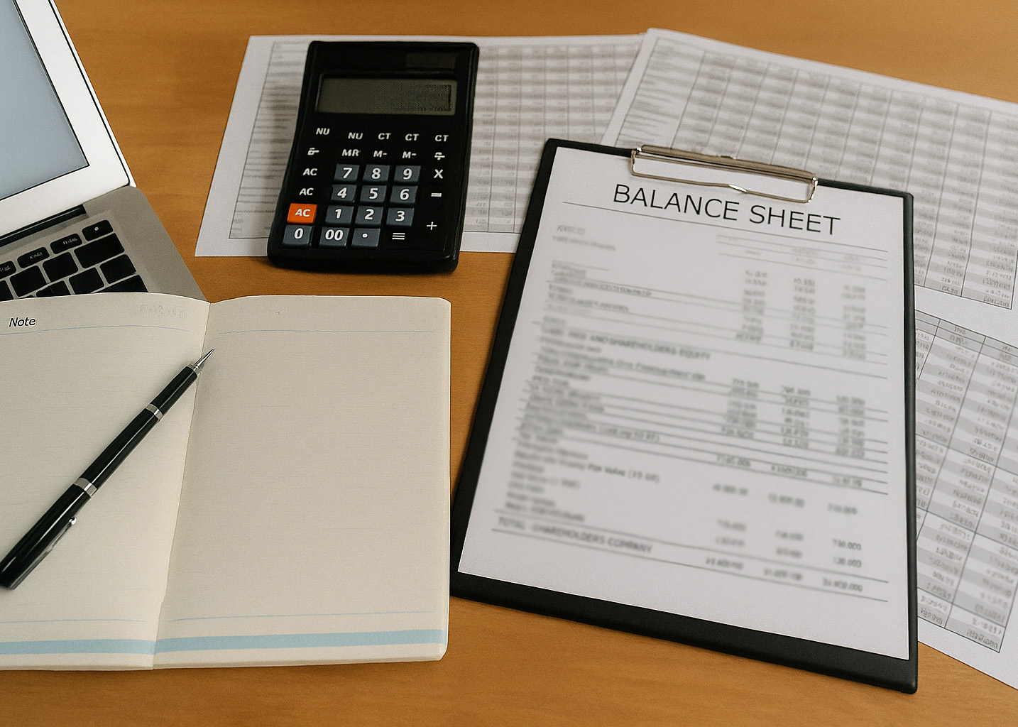 Balance sheet on clipboard with financial documents, calculator, open notebook, pen, and laptop on office desk