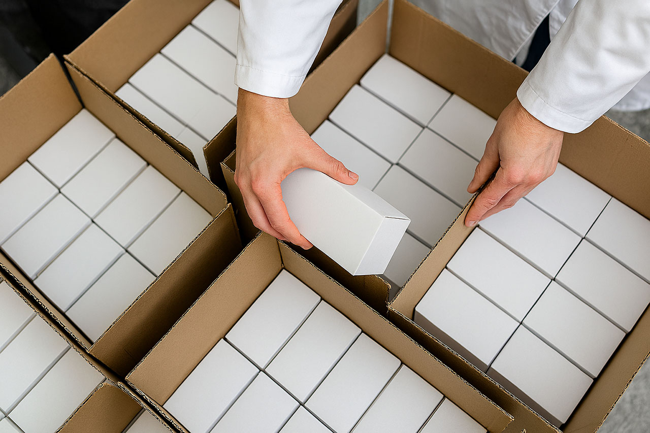 A person organizing small white boxes into cardboard compartments.