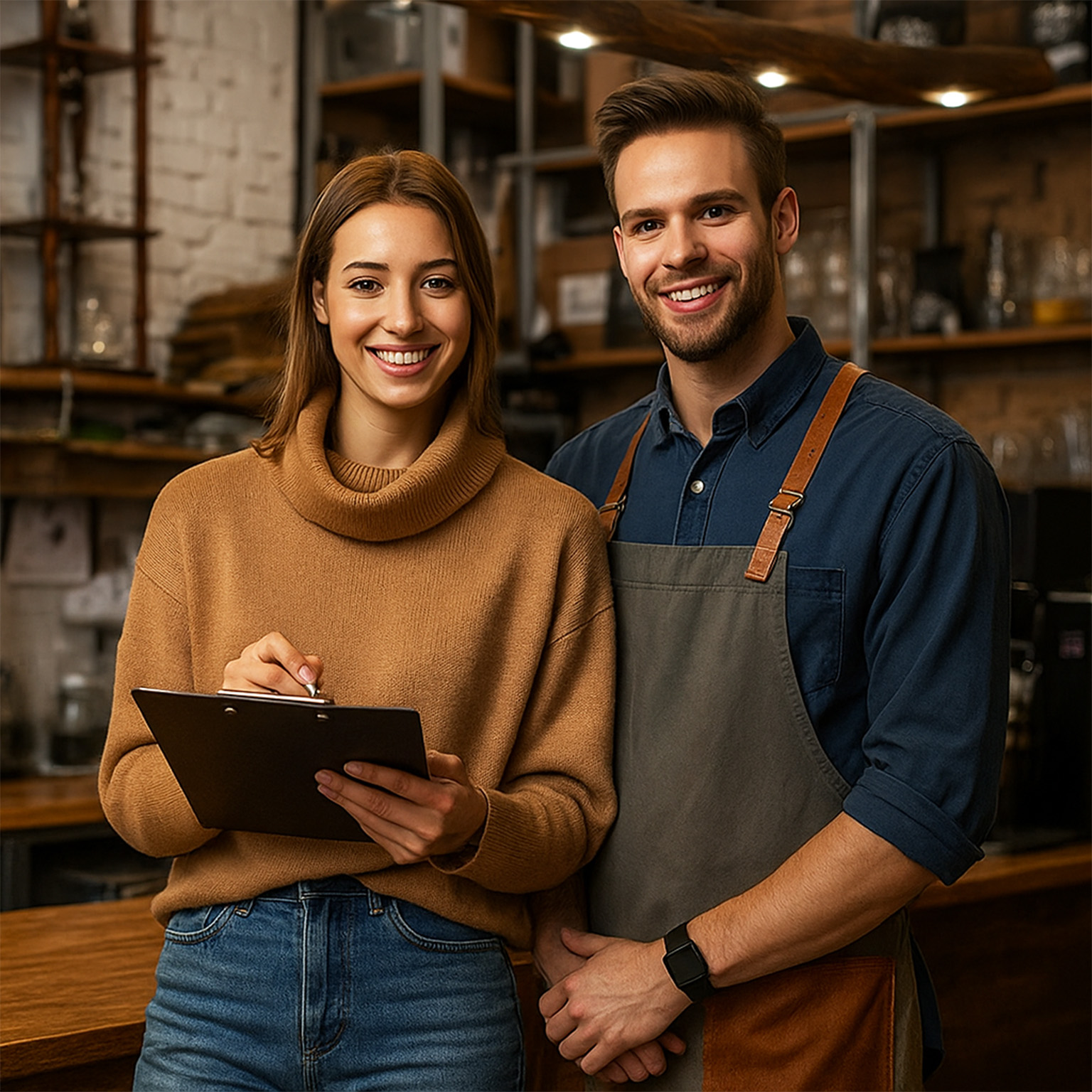 Smiling business owners standing in a cozy café, woman holding a clipboard, teamwork and customer service concept