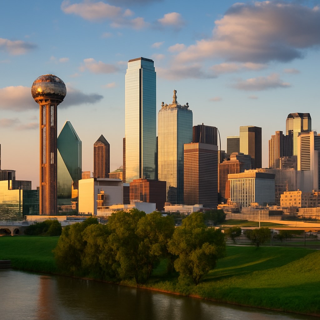 Photorealistic view of the Dallas-Fort Worth skyline under a clear sky.