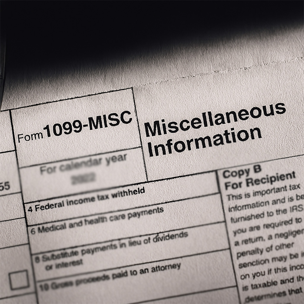 Close-up of a 1099-MISC tax form titled "Miscellaneous Information" with blurred personal details.