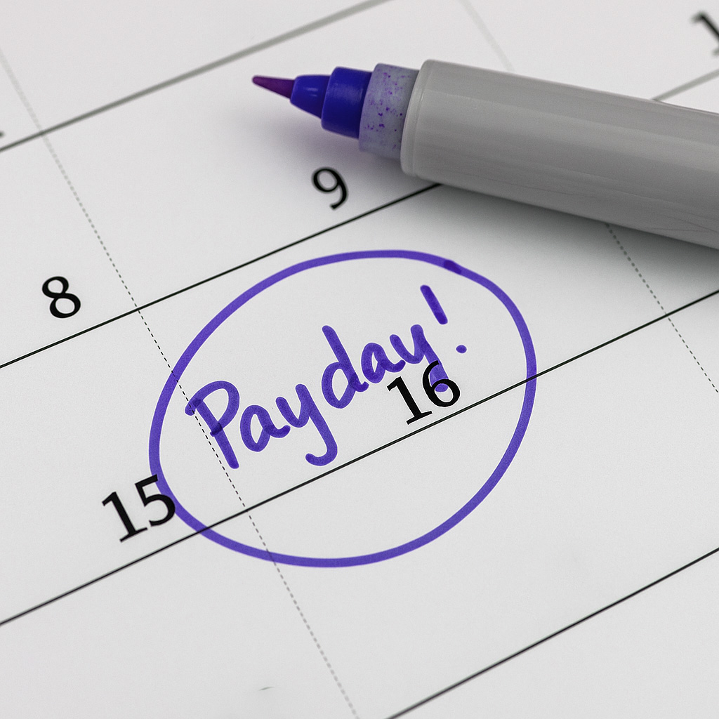 Calendar with the word "Payday!" circled on the 16th and a purple marker nearby.