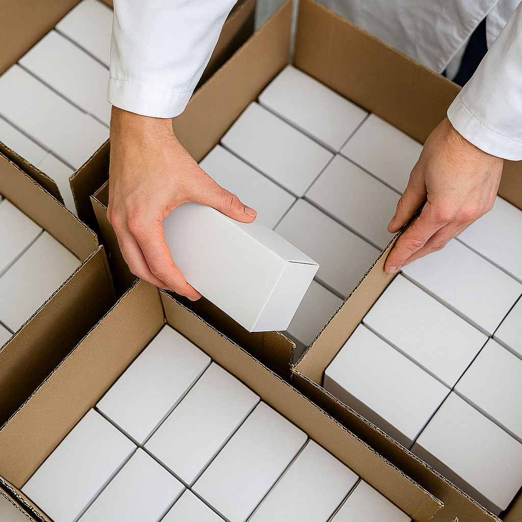Small business owner packing orders in cardboard boxes with shipping supplies on a desk in a warehouse.