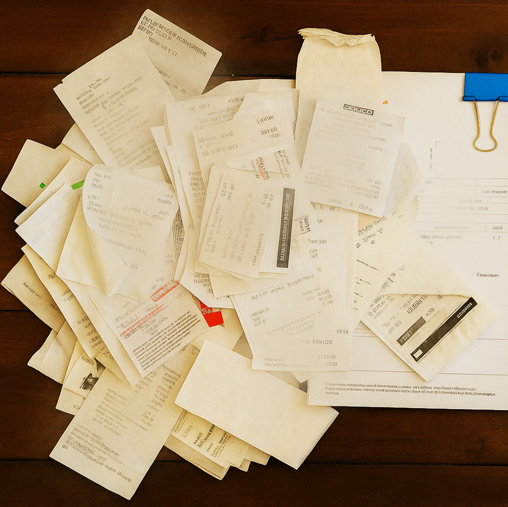 Pile of business receipts and invoices on a wooden desk, ready for expense reporting or accounting.