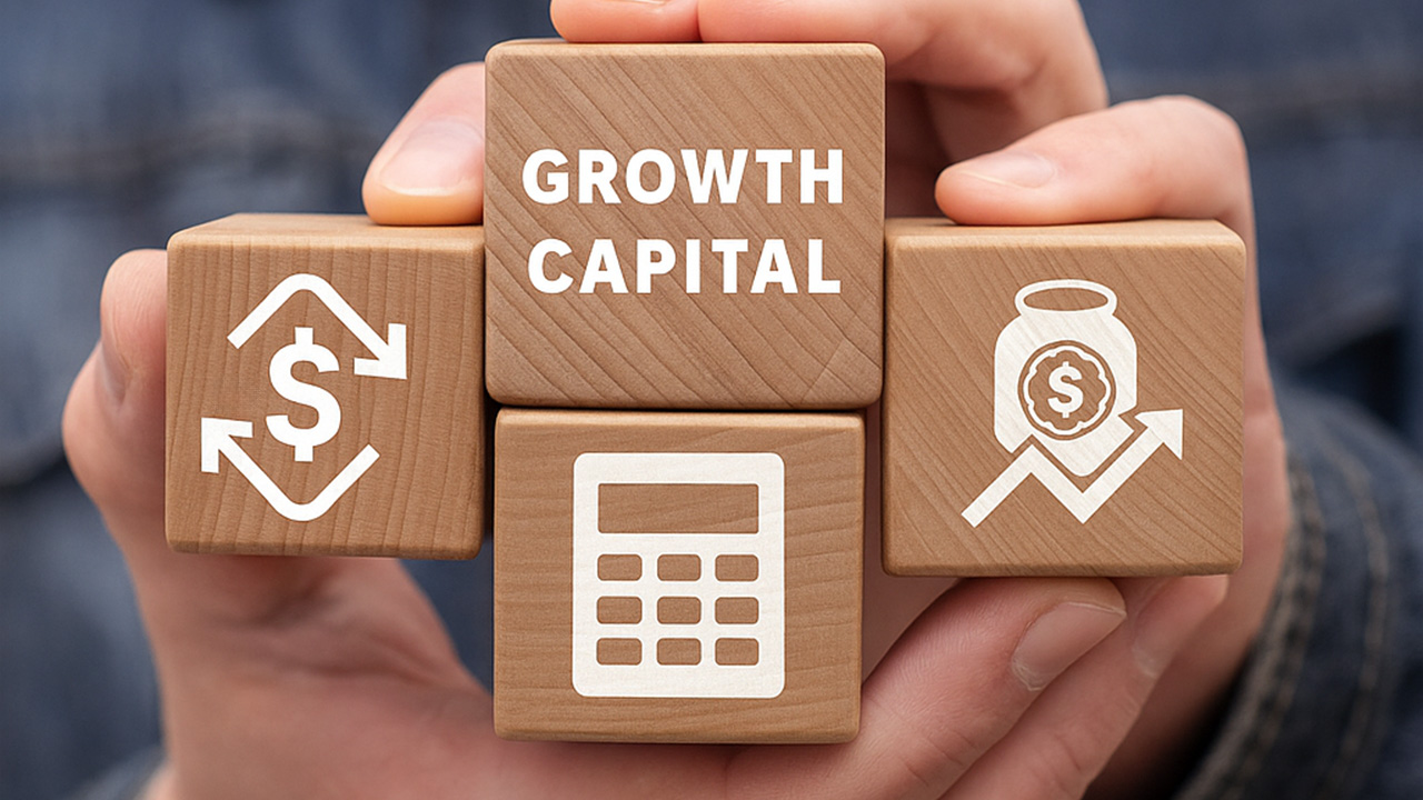 Hand holding wooden blocks with growth capital text, financial icons, and upward arrow symbolizing business investment.