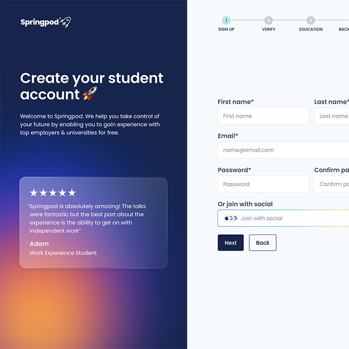 Springpod sign up webpage