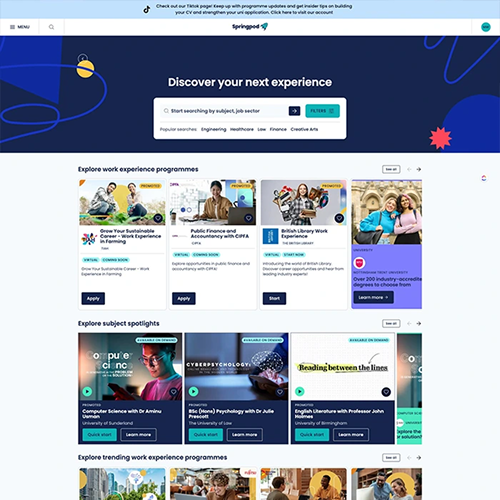 Springpod search bar and programme page