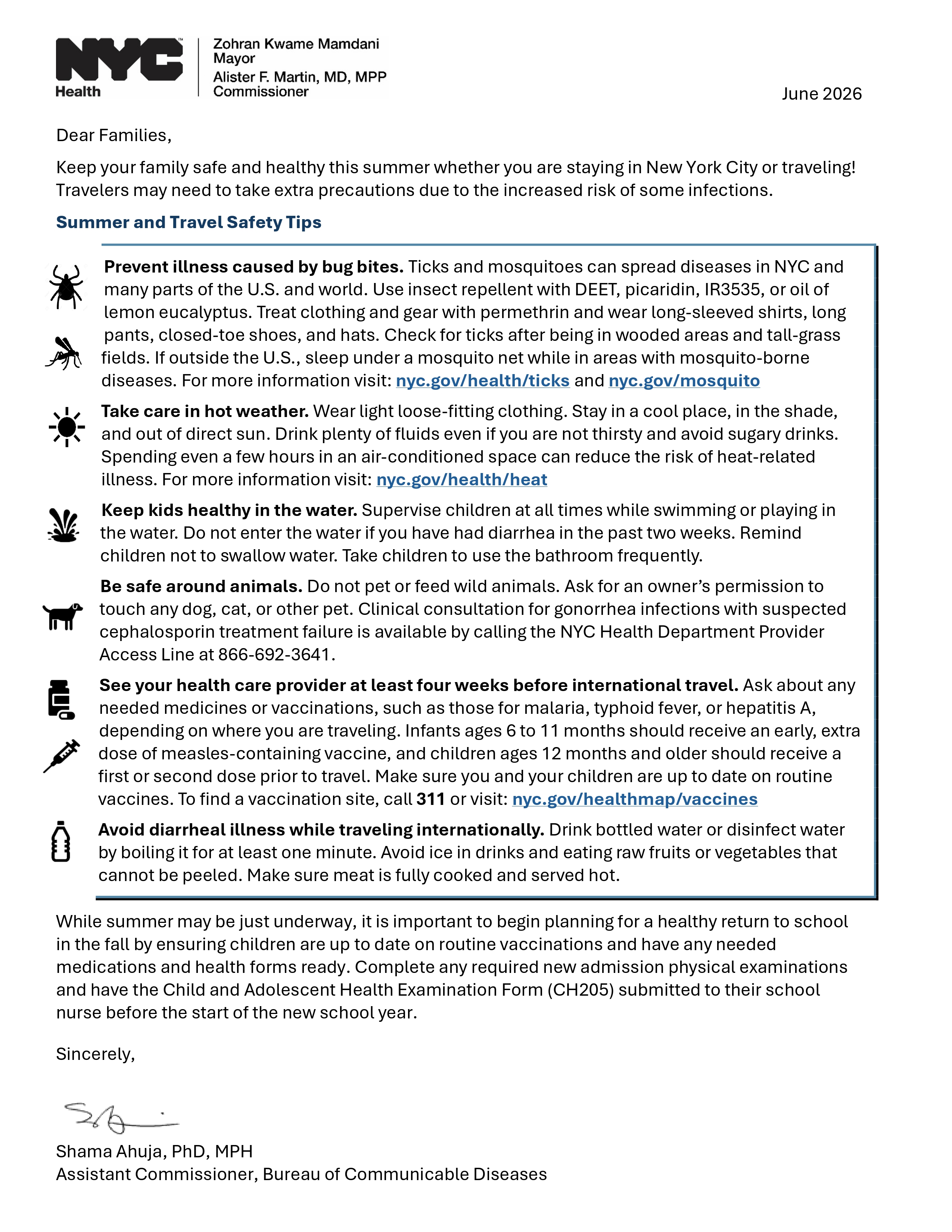 NYC Health Department summer and travel safety tips letter for families