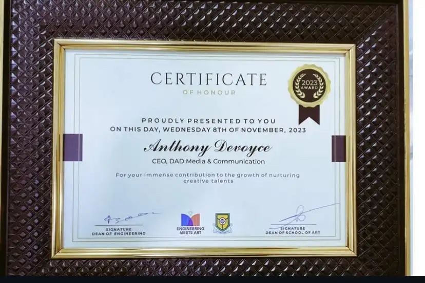 Certificate of Honor Awarded to Anthony Devoyce by YabaTech