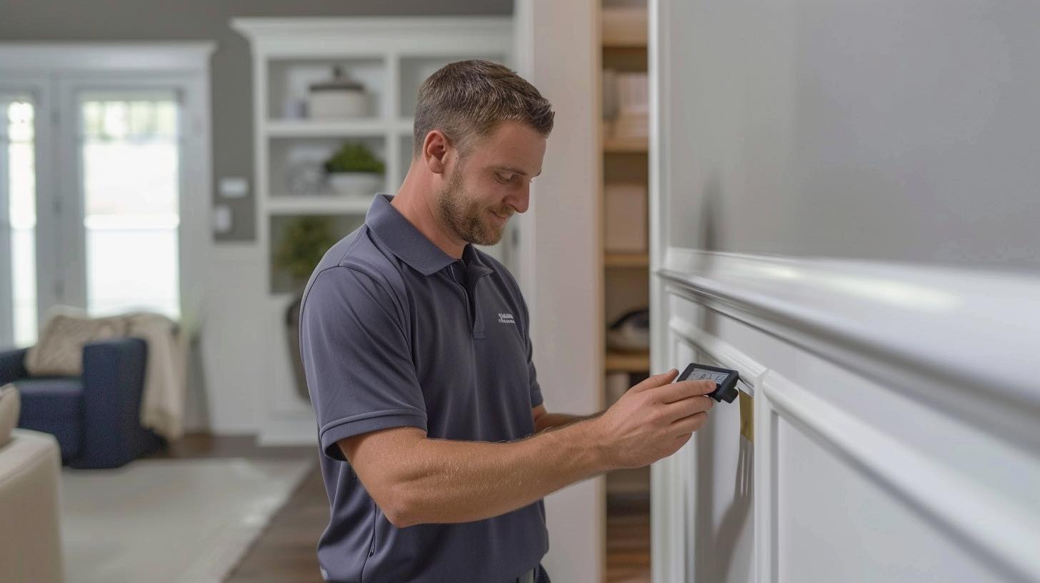 technician using water meter to measure wall