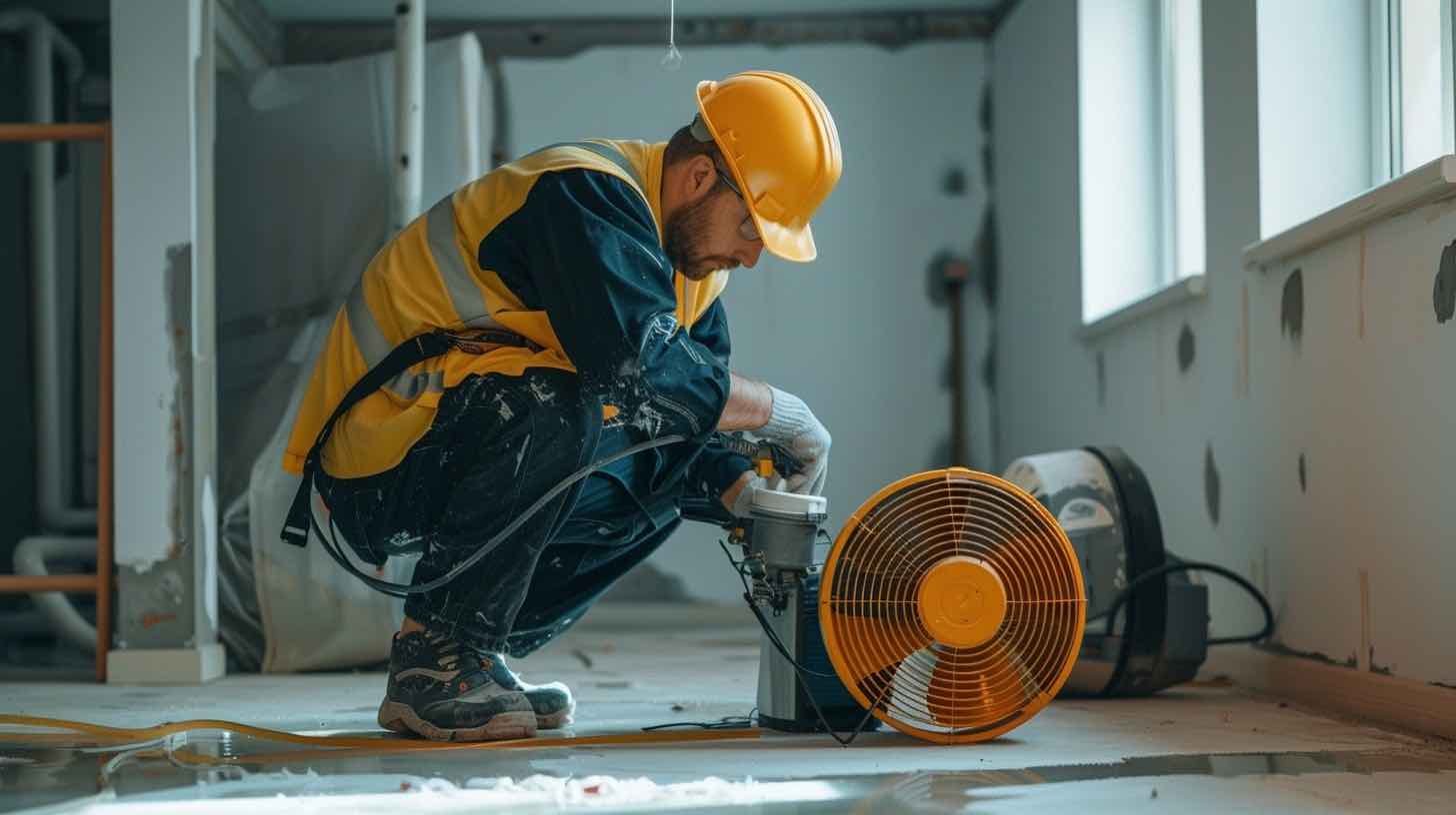 water technician using blower fan to dry floor
