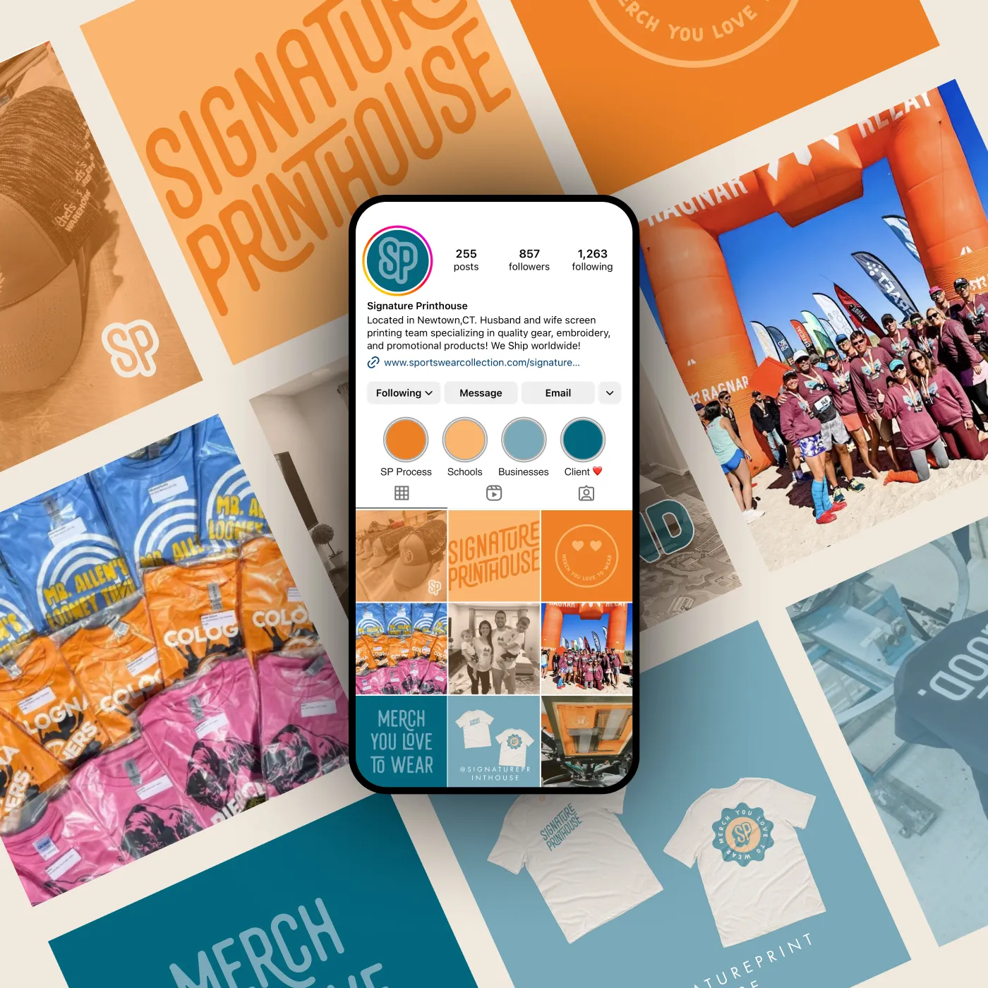 a phone with a screen on top of a social media feed for Signature Printhouse