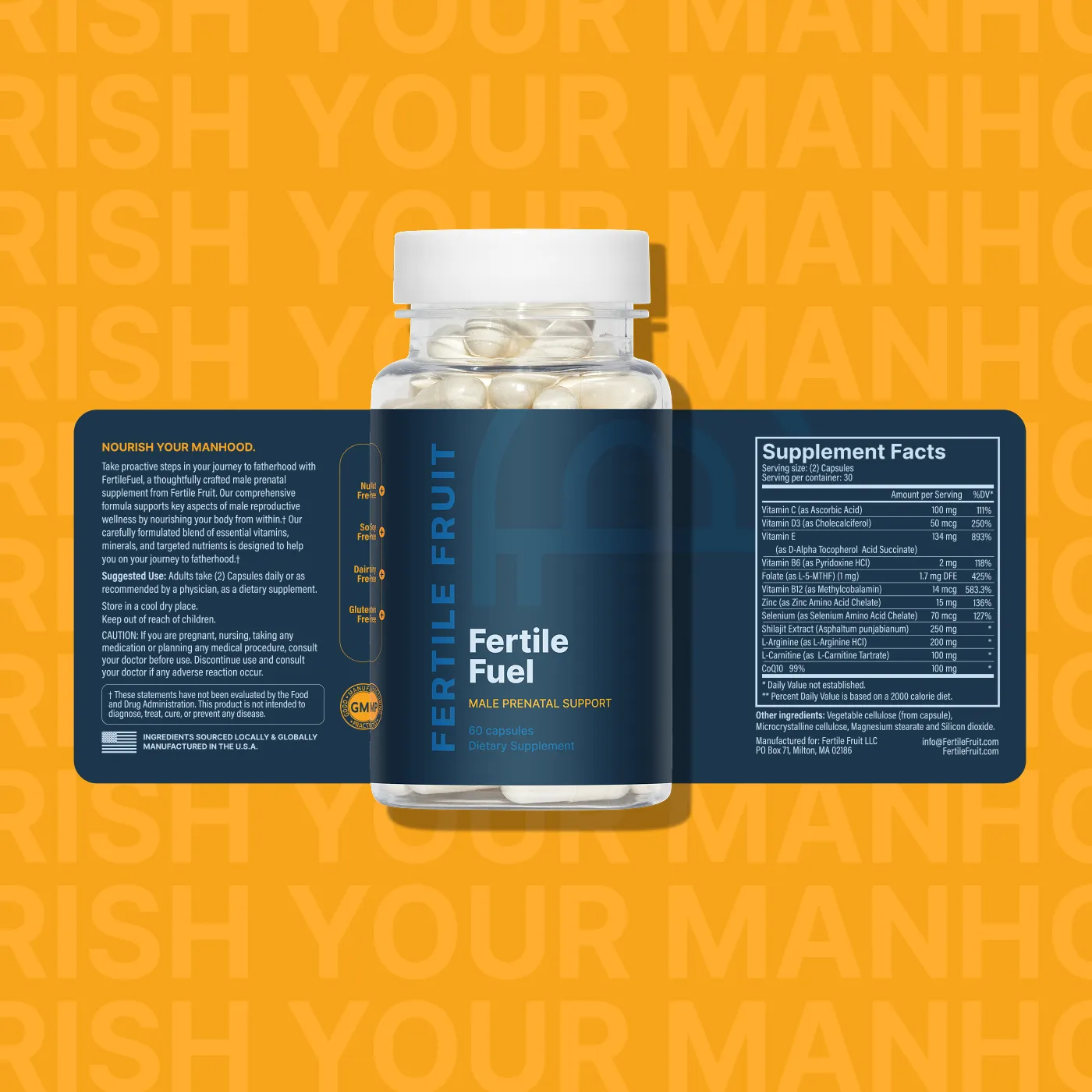 a bottle of vitamins on a yellow background, Fertile Fuel by Fertile Fruit
