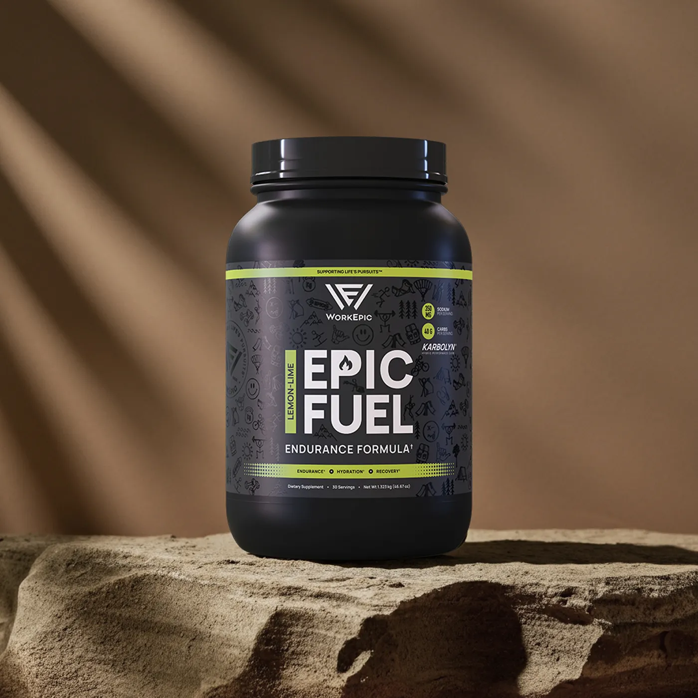 Epic Fuel supplement, black container on a rock