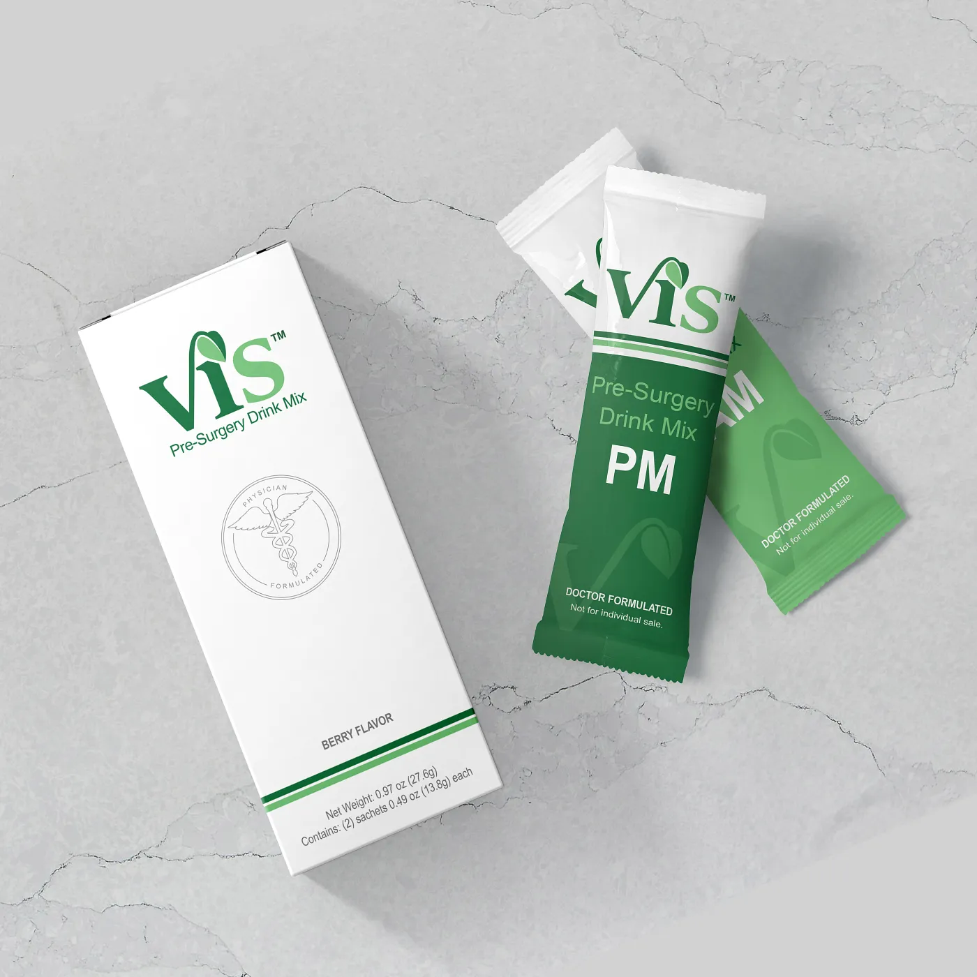 A product image of Vis pre-surgery drink mix with a white and green box on the left and 2 stick packs in the same colors on the right.