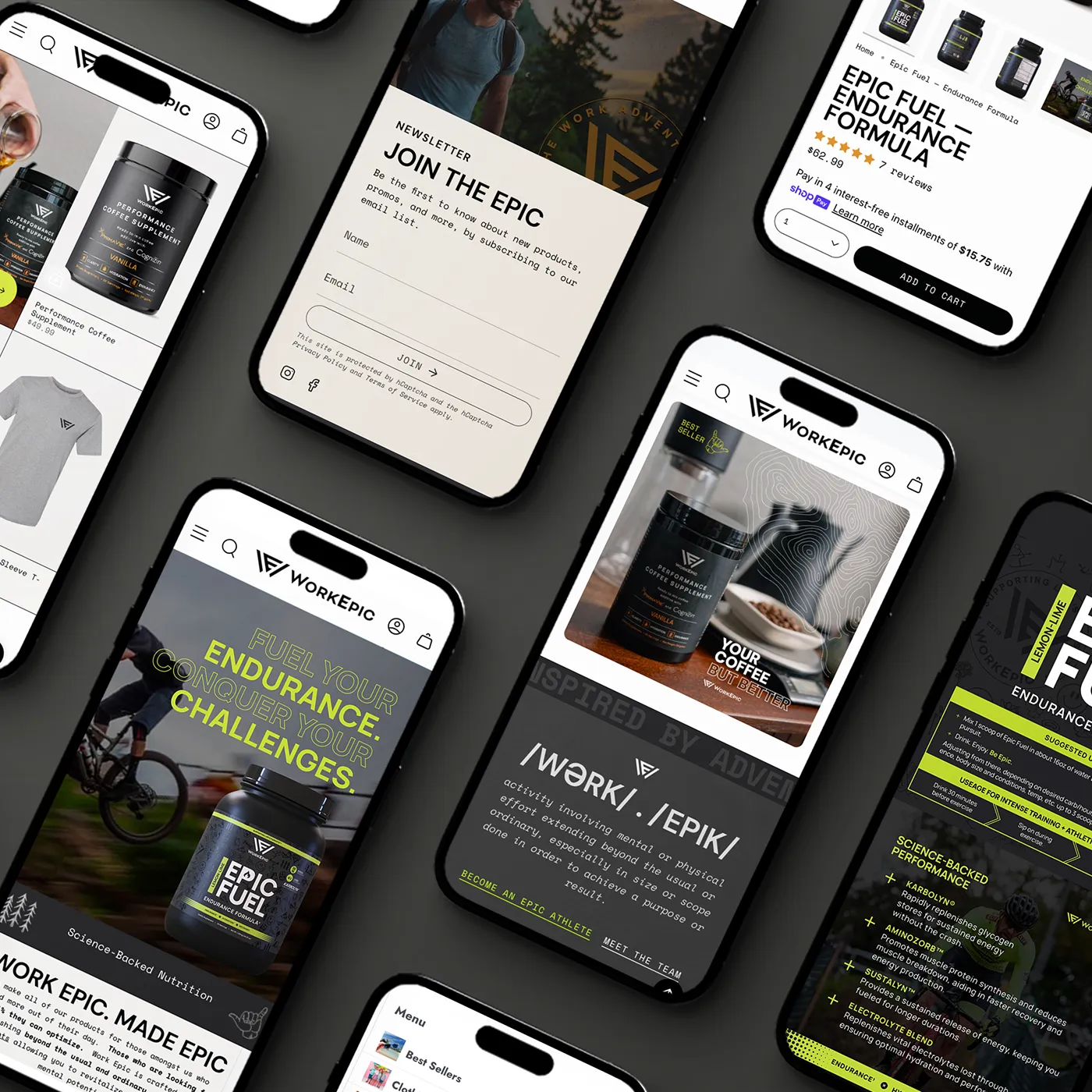 Multiple phones displaying different parts of a supplement company website.