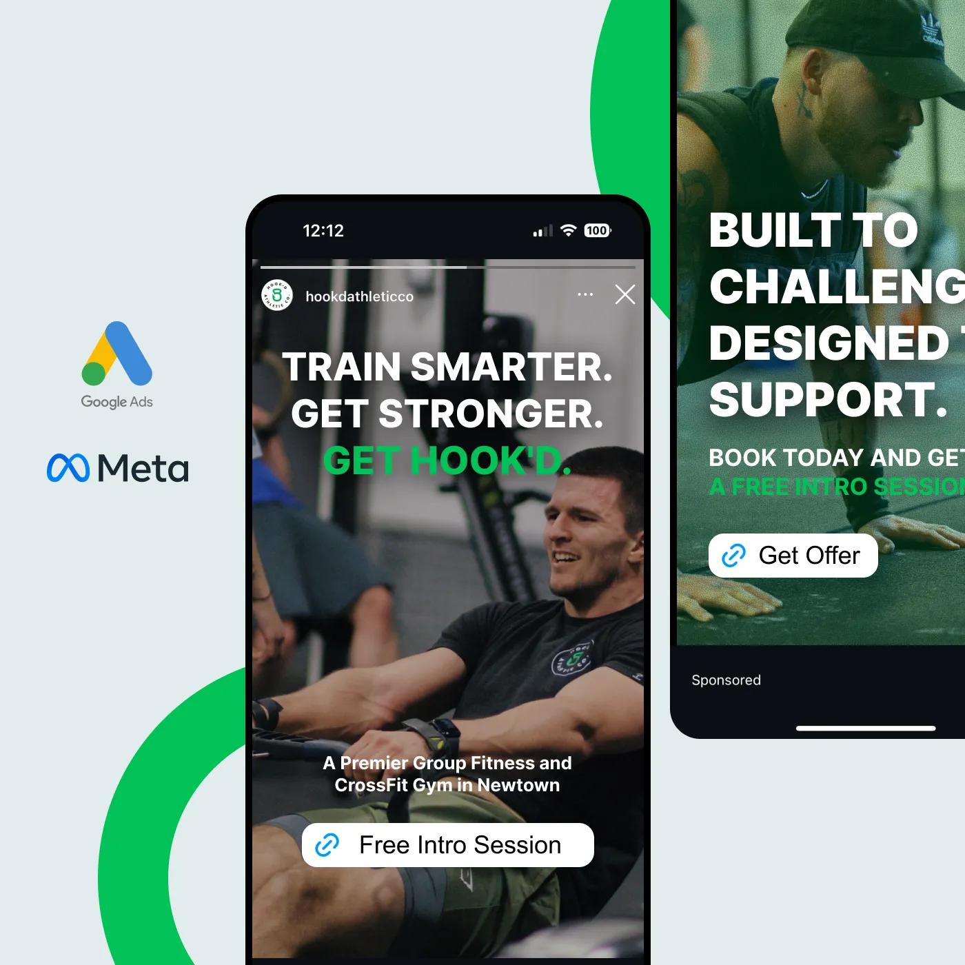 2 phones showing examples of a sponsored Instagram story for Hook'd Athletic Co.