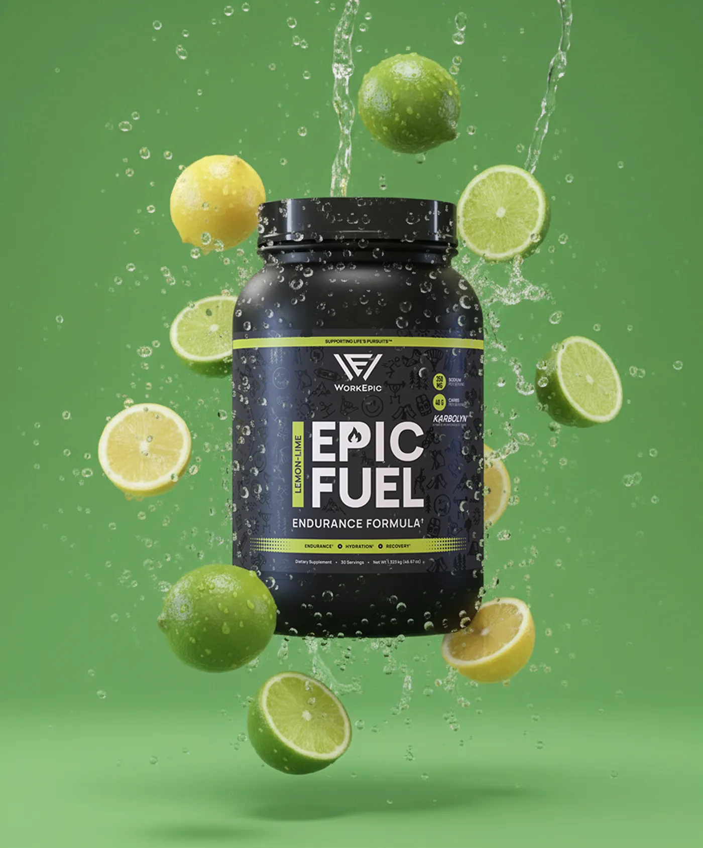 Work Epic fuel product shot with lemons and limes in background with water drops.