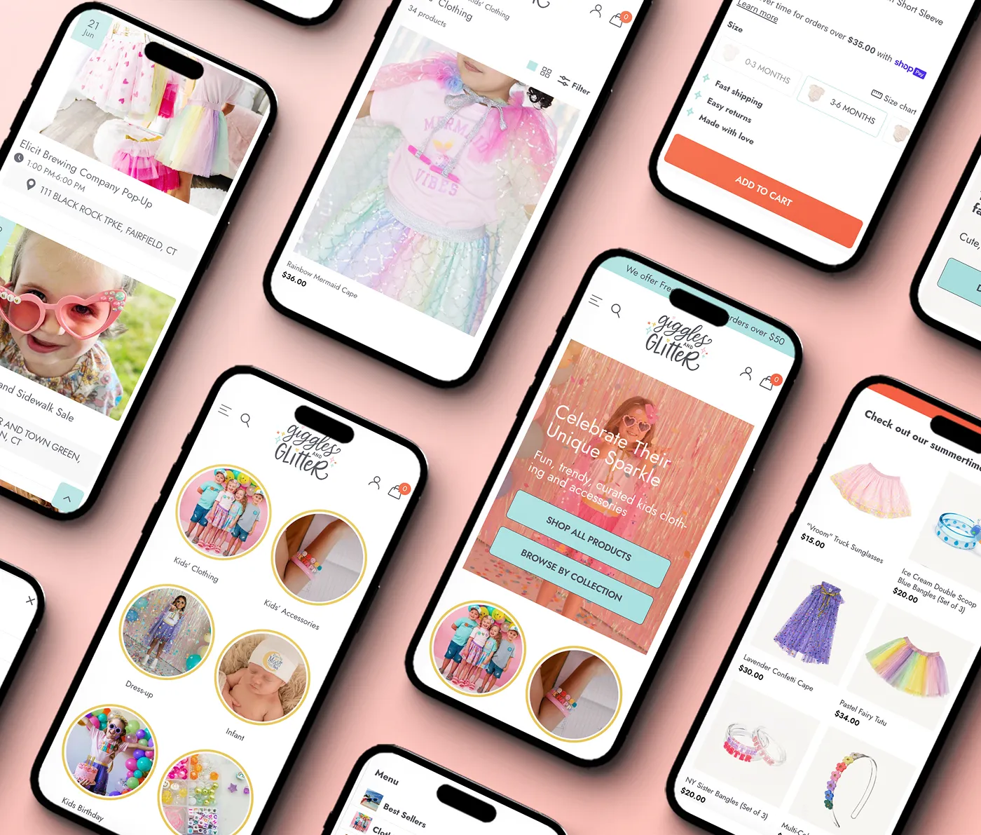 Multiple phones at an angle showcasing different areas on a website.