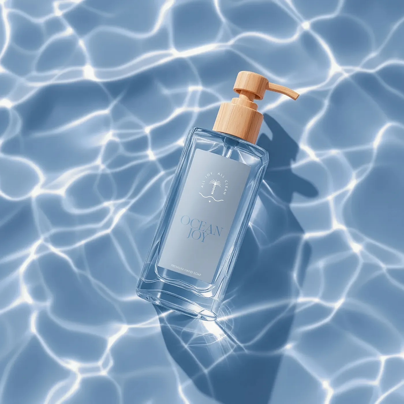 A bottle of hand soap on a rippled water surface.