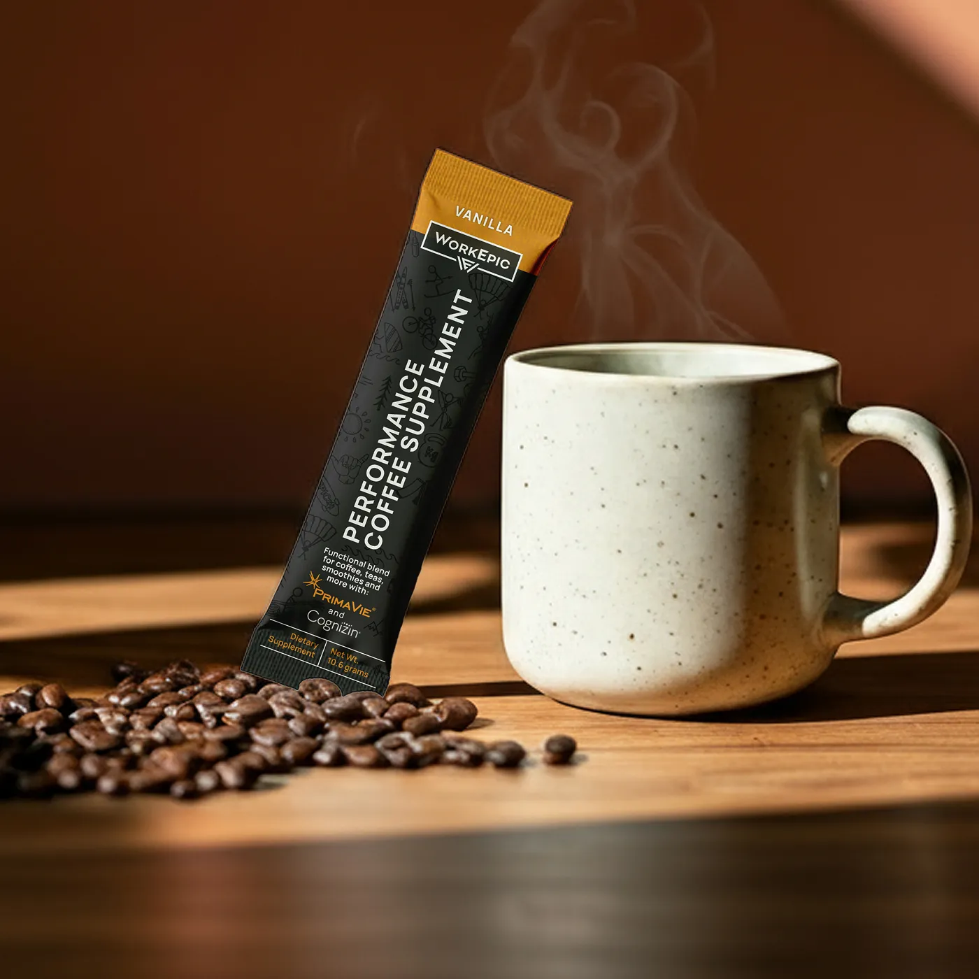 Work Epic Coffee Supplement next to a warm cup of coffee with coffee beans on a flat surface.