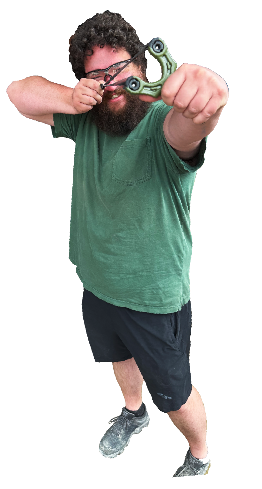Cutout image of a Slingshotter taking aim.