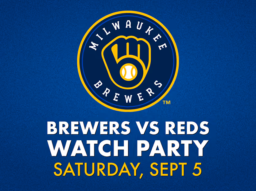 Milwaukee Brewers logo above text: Brewers vs Reds watch party Saturday, Sept 5