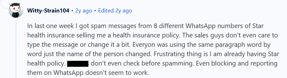 Screenshot from an online Reddit thread titled “Spam on emails, WhatsApp and calls”.