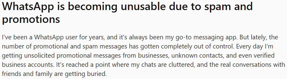 Screenshot of an online post titled “WhatsApp is becoming unusable due to spam and promotions.”