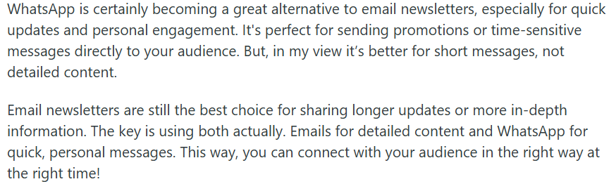 A Reddit user talking about WhatsApp newsletter vs email newsletter.