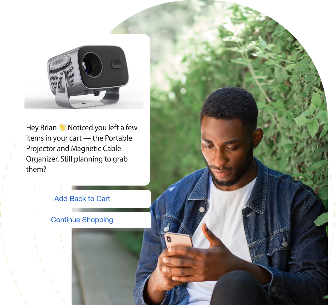 Man receiving an automated WhatsApp message reminding him about items left in his online shopping cart.
