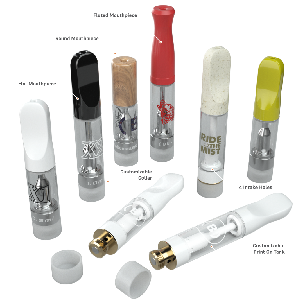 Empty 510 thread vape cartridges from The Bureau, shown with black, red, yellow, wood-grain, and white mouthpiece options.