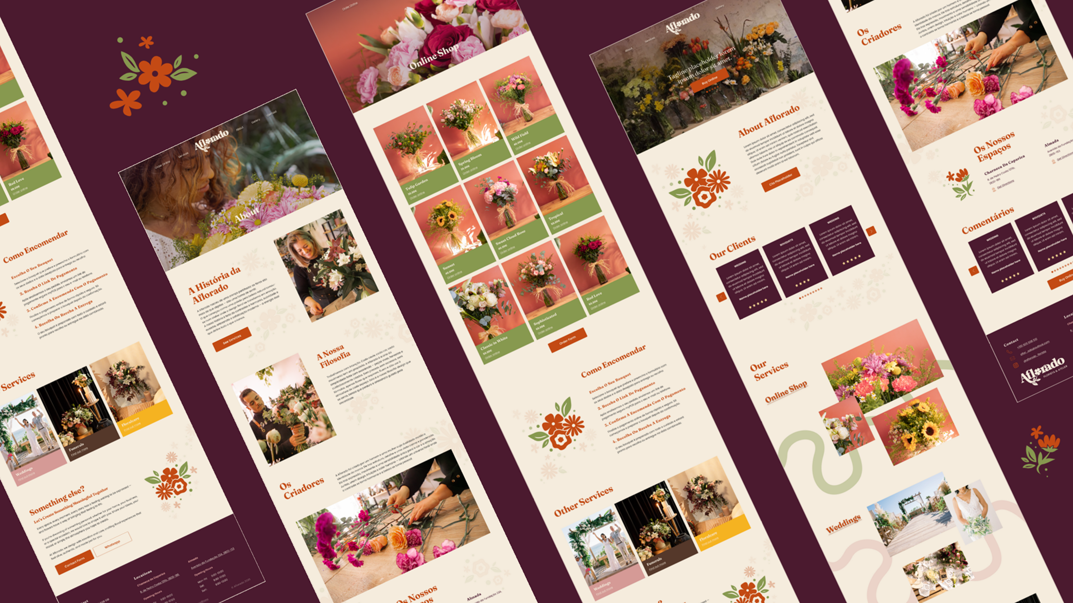Screenshots of a floral shop website showcasing sections like About, Online Shop with flower arrangements, Services, Our Clients, and Weddings with floral images and decorative flower graphics.