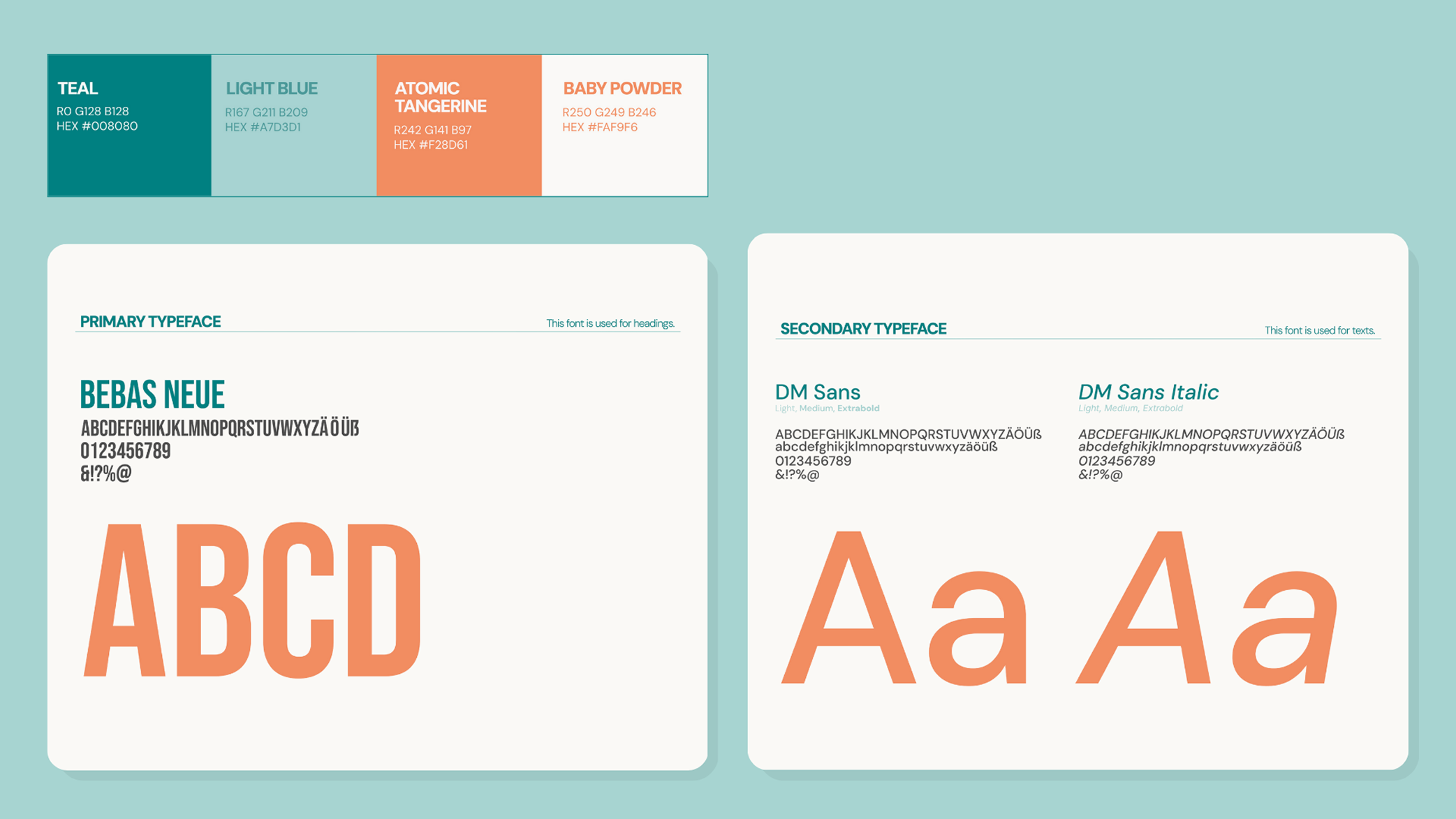 Color palette showing teal, light blue, atomic tangerine, and baby powder colors with RGB and HEX codes; typography samples for primary Bebas Neue font and secondary DM Sans font in regular and italic styles.