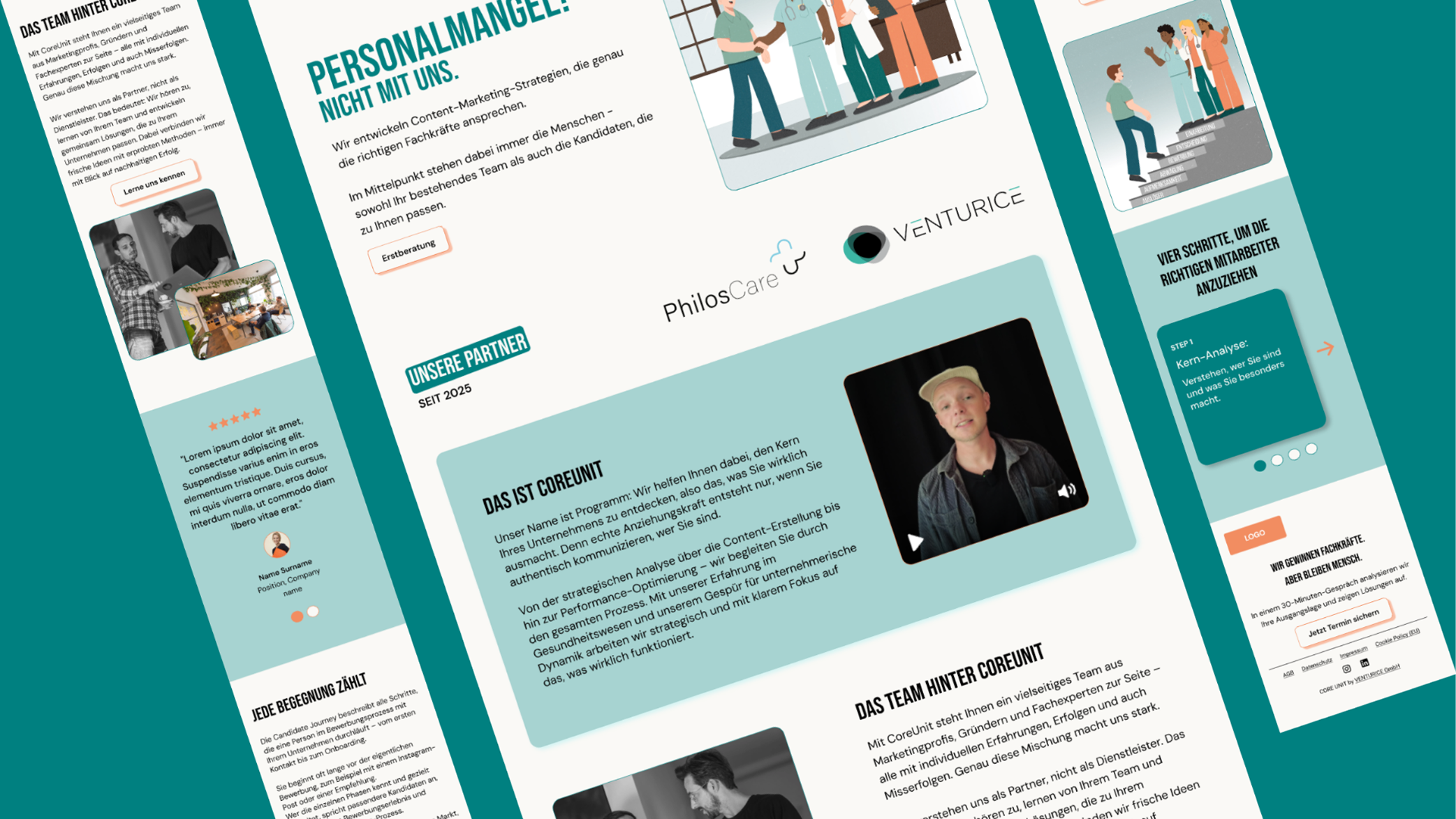 Screenshot of a German webpage about CoreUnit featuring sections on team introduction, content marketing strategies against staff shortages, partner logos, a testimonial, and a video thumbnail with a man in a cap.