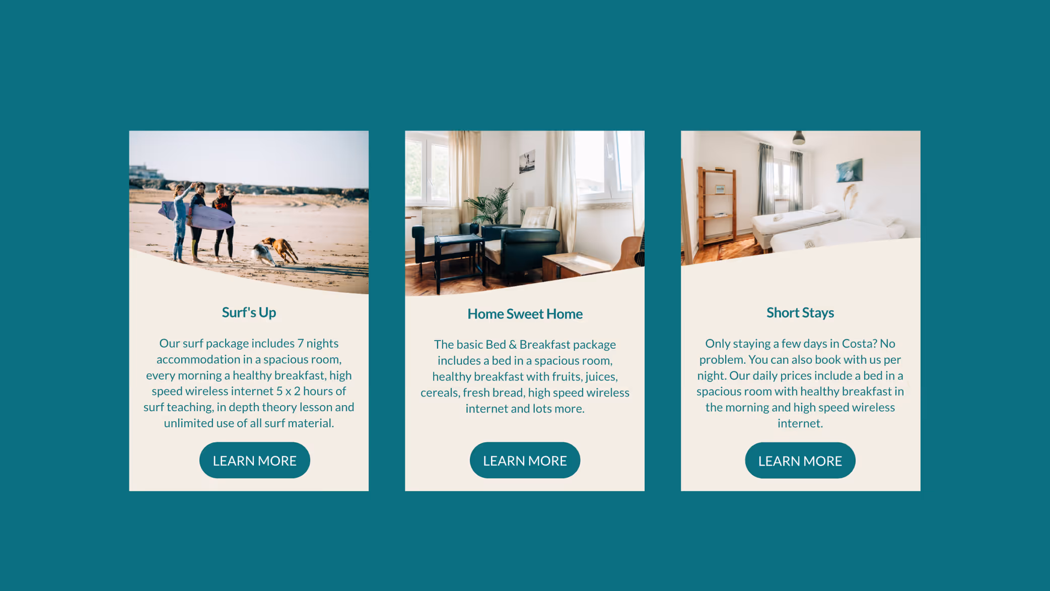 Three informational cards for Surf's Up, Home Sweet Home, and Short Stays packages with images of surfers on a beach, a cozy living room, and a bright bedroom.