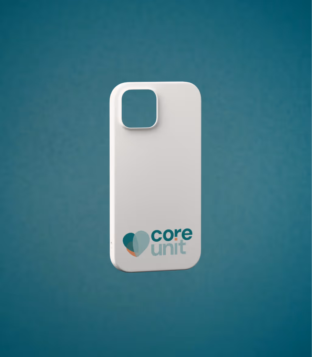 White phone case with a camera cutout and a colorful heart logo with the text 'core unit' on a teal background.